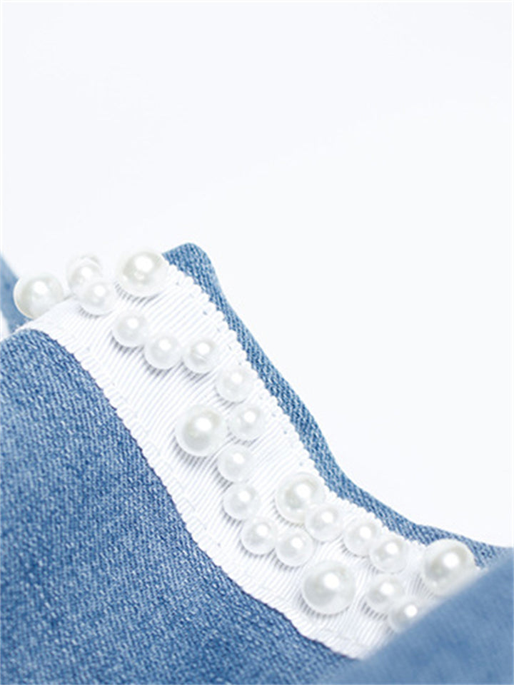 Spring Autumn Pretty White Pearl Woven Tape Thin Denim Jeans for Women
