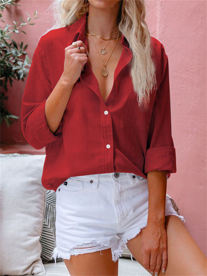 Pretty Turn Down Collar Linen Summer Women Shirts