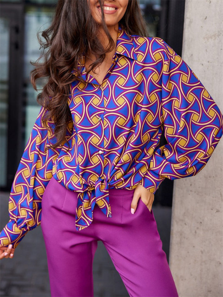 Ladies Chic Relaxed Print Comfortable Long Sleeve Blouse