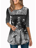 Casual Fit Christmas Themed Sequined 3/4 Sleeve Round Neck Shirt