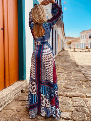 Bohemian Style V Neck Long Sleeve Opening Back Fitted Waist Flare Maxi Dress