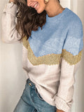 Trendy Striped Contrast Color Knit Pullover Round Neck Raglan Sleeve Sweater