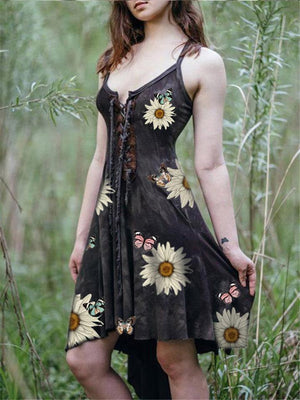 Stylish Front Lace Up Sunflower Printed Asymmetric Design Dress