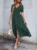 Trendy Style Button Decorated V Neck Polka Dots Printed Dresses
