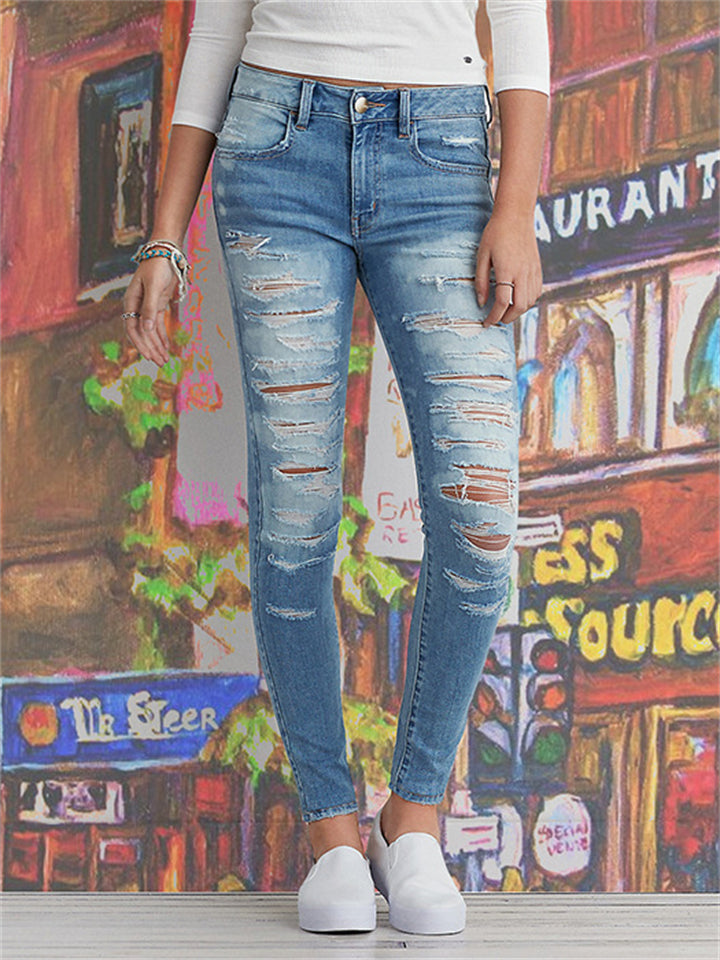 Women's Casual Style Slim Fit Ripped Blue Denim Jeans