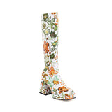 Trendy Colorful Floral Printed Thick Heel Long Boots