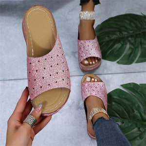Thick Bottom Crystal Open Toe Slippers for Ladies