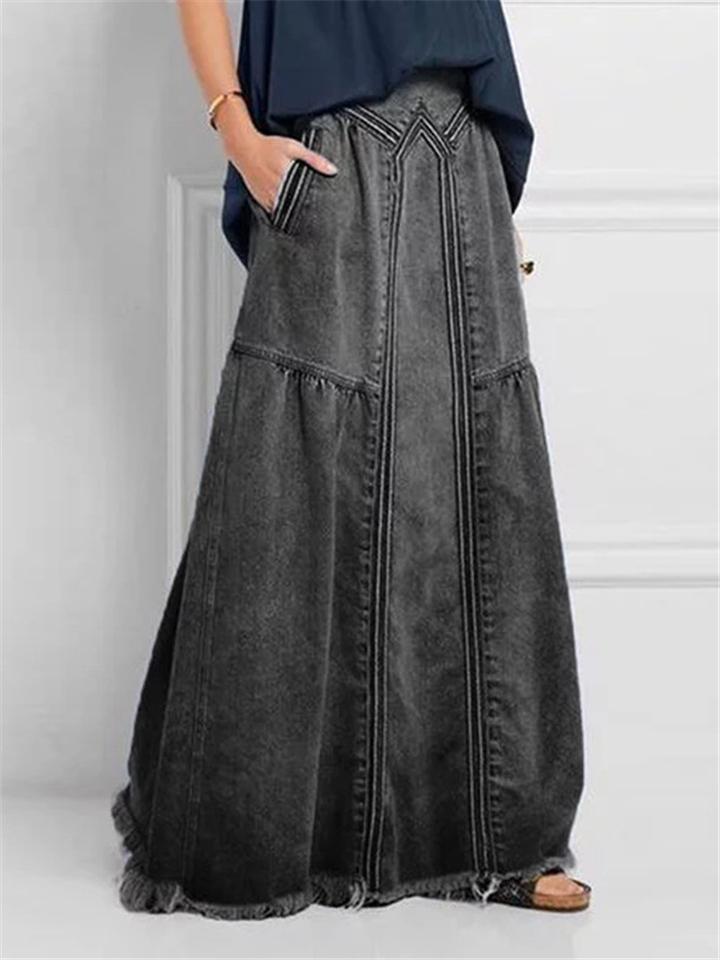 Elastic Waistband Long Denim Skirt