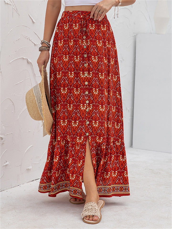 High Waist Casual Printed Split Long Skirts