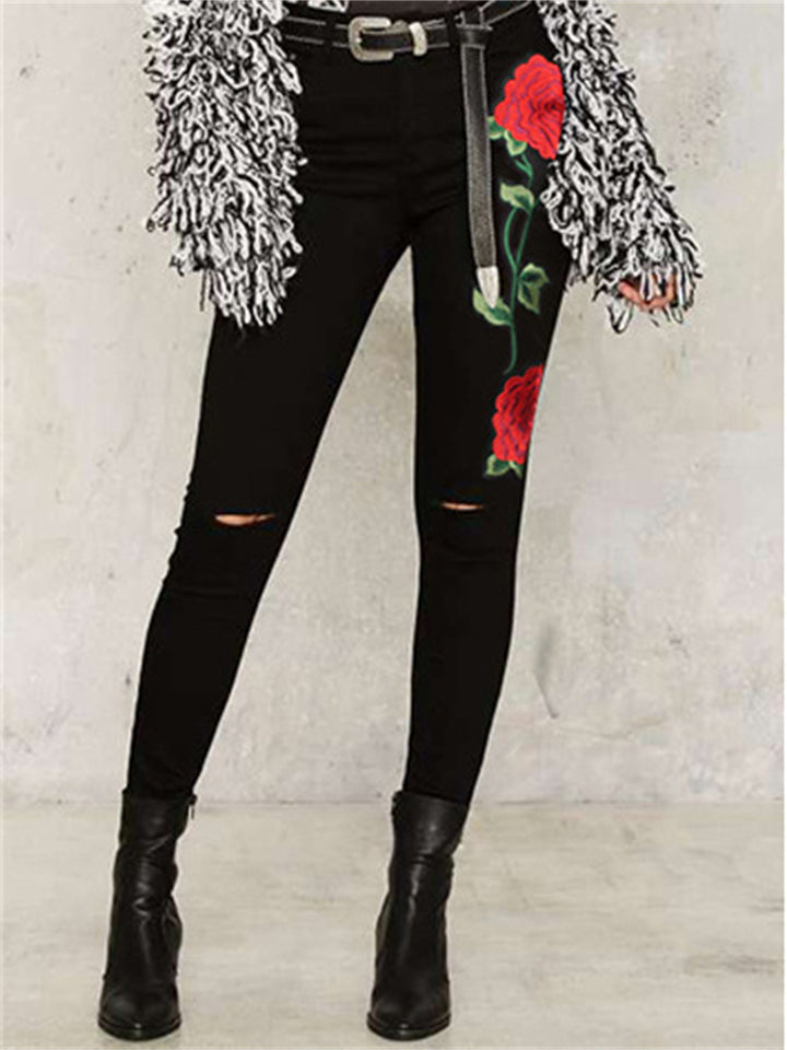 Women's Autumn Season 3D Red Floral Embroidery Slim Fit Jeans