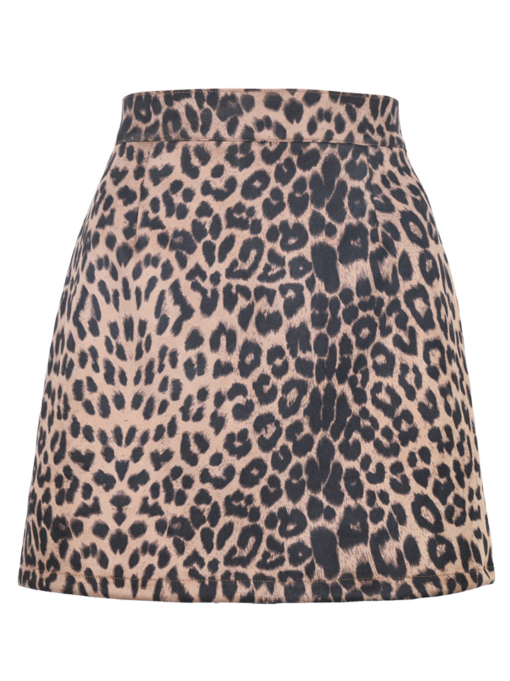 Sexy Sweeter Leopard Print Zipper Solid Color Skirt With Split Hem