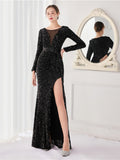 Graceful Long Sleeve Solid Color Sequins Fishtail Split Evening Dresses