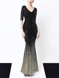 Shiny Sequined V Neck Fitted Waist Mermaid Maxi Dress for Evening Party