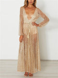 Sexy Pretty Plunging V Neck Long Sleeve Semi-Sheer Waist-Tie Fastening Beaded Party Dress