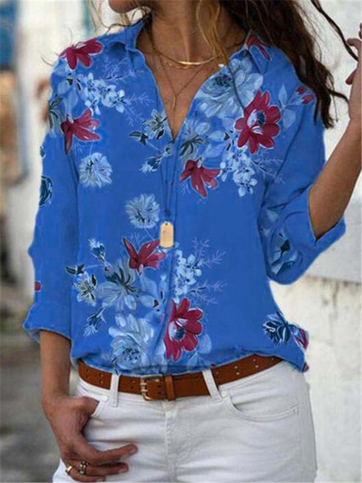 New Casual Fashion Long Sleeve Printed Lapel Women's Blouses