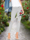 Vintage Style Red Floral Embroidery Grey Slim Fit Denim Jeans for Women