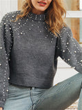 Trendy Round Neck Pearls Decorated Sweater