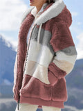 Women's Color Block Cozy Fleece Zip Up Hooded Coat for Winter