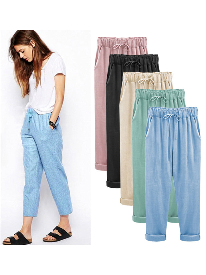 Comfy Elastic Waistband Lace Up Linen Pants
