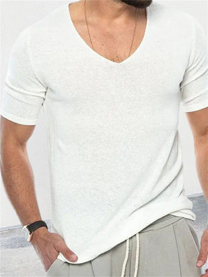 Men's Cozy V Neck Slim Fit Short Sleeve Knitted Shirts for Summer