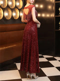 Elegant Sequined Illusion Neck Beaded Evening Gown