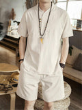 Lightweight Linen Two-Piece Outfit Wrap Neck T-Shirt + Elastic Waistband Knee-Length Pants