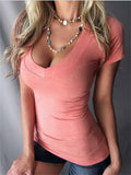 Sexy Scoop Neck Solid Color Short-Sleeved Slim-Fit T-Shirt