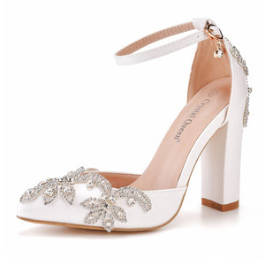 Female Gorgeous Rhinestone White Chunky High Heels Wedding Pumps