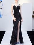 Exquisite Sequined Wrap Neck High Slit Dress for Evening