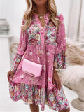 Printed Long Sleeve Patchwork Design Dresses