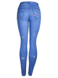 Campus Style Lovely Small Floral Embroidery Slim Fit Blue Denim Jeans