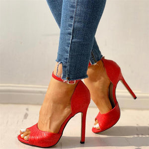 Sexy Peep Toe Ankle Strap Snake Pattern Red Heels Sandals