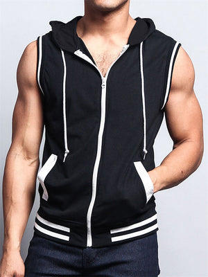 Sporty Loose Zip Up Sleeveless Training Muscle Hooded Vest for Men