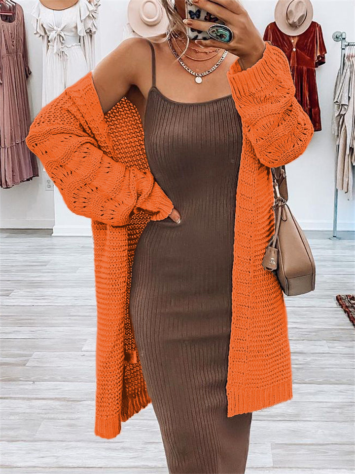 Women's Solid Color Knee-Length Knitted Cardigan