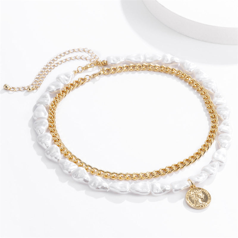 Jewelry Irregular Artificial Pearl Circular Coin Pendant Necklace