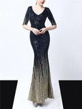 Shiny Sequined V Neck Fitted Waist Mermaid Maxi Dress for Evening Party