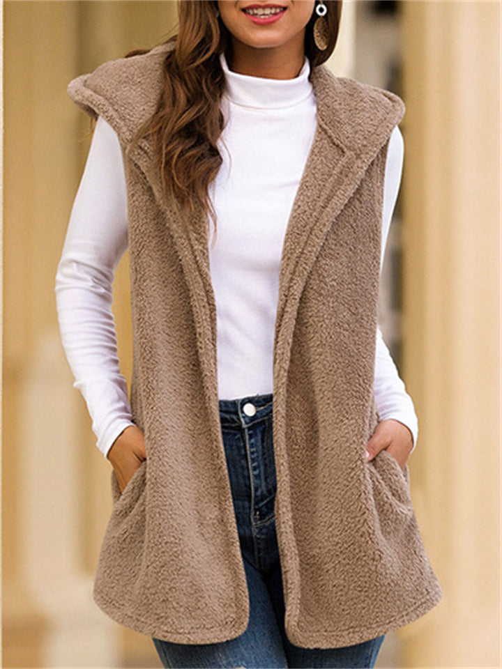 Women's Sleeveless Mid-Length Solid Color Hooded Fuzzy Vest Jacket