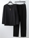 Relaxed Fit 2-Piece Outfit Notched Neck Slit Hem Shirt + Elastic Waistband Full-Length Pants