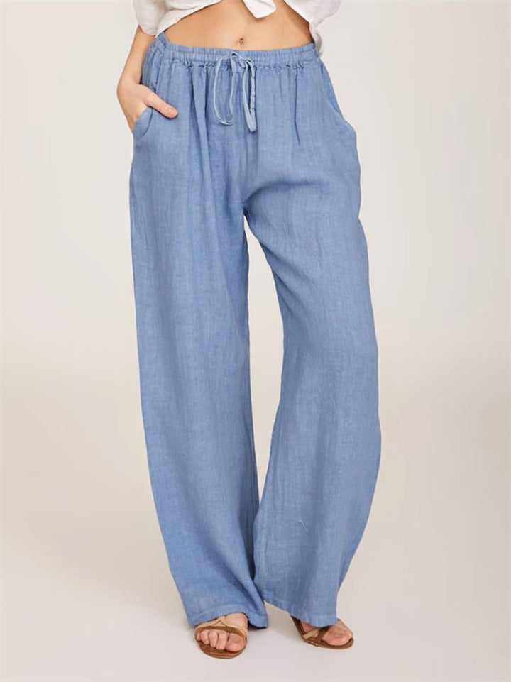 Casual Fit Solid Color Drawstring Pocket Wide-Leg Linen Pants
