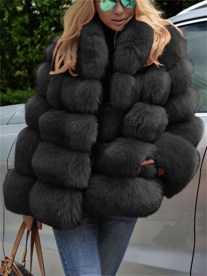 Winter Striped Thick Loose Temperament Solid Color Fashion Thermal Fur Coat