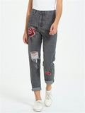 Vintage Street Style Red Floral Embroidery Ripped Straight-Leg Women Jeans for Autumn