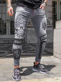 Male Stylish Slim-fit Gray Skull Letter Printed Jeans