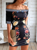 Fashionable Off Shoulder Floral Printed Short Sleeve Bodycon Mini Dress