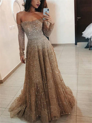 Shimmering Off Shoulder Long Sleeve Fitted Waist Dress for Prom