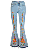 Women's Vintage Style Floral Embroidery Bell Bottom Blue Jeans