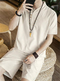 Lightweight Linen Two-Piece Outfit Wrap Neck T-Shirt + Elastic Waistband Knee-Length Pants