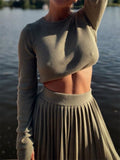 2-Piece Charming Round Neck Solid Color Sweater Loose Slit Hem Button Sweater Skirt