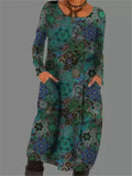 Vintage Style Long Sleeve Floral Print Knee-Length Pocket Dress