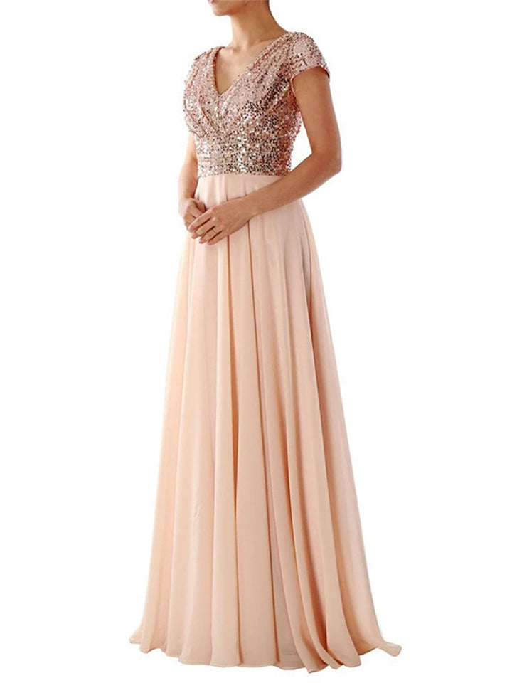 New Elegant V-Neck Sleeveless Floor-Length Lace Decorated Evening Dresses