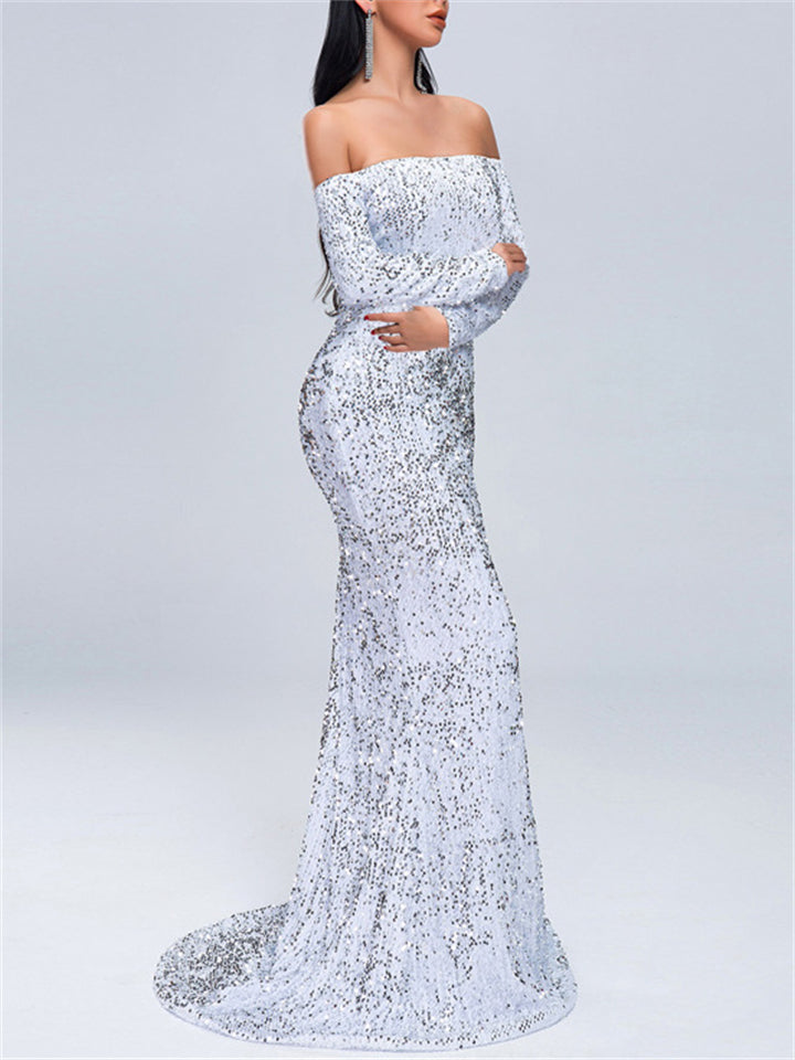 Fashion Elegant Sexy Off Shoulder Shimmery Evening Dresses For Women